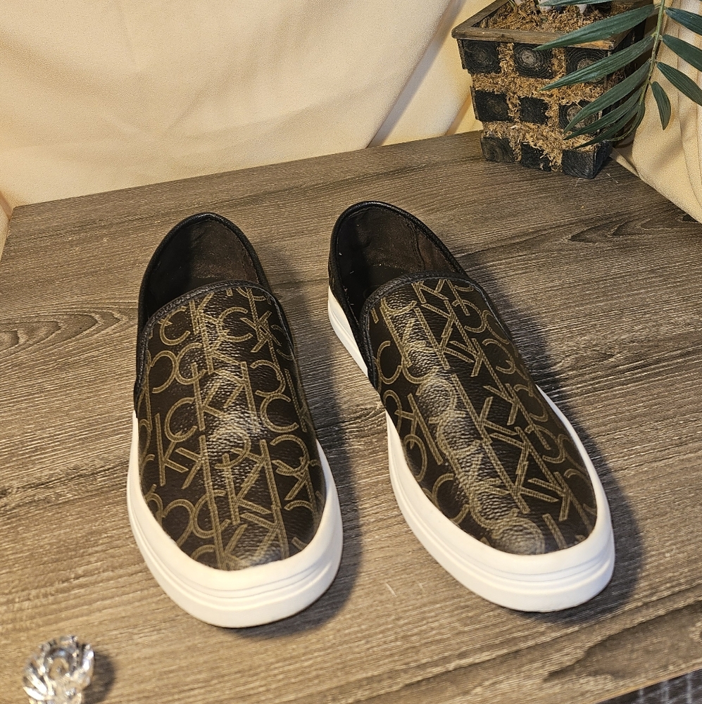 Calvin Klein Gold and Brown Slip-On Loafers